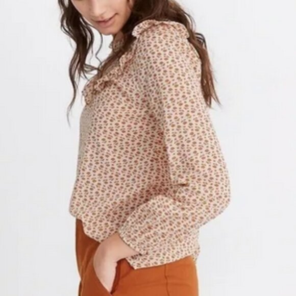 MADEWELL orange floral ruffle-yoke prairie top, Small. - Picture 2 of 11